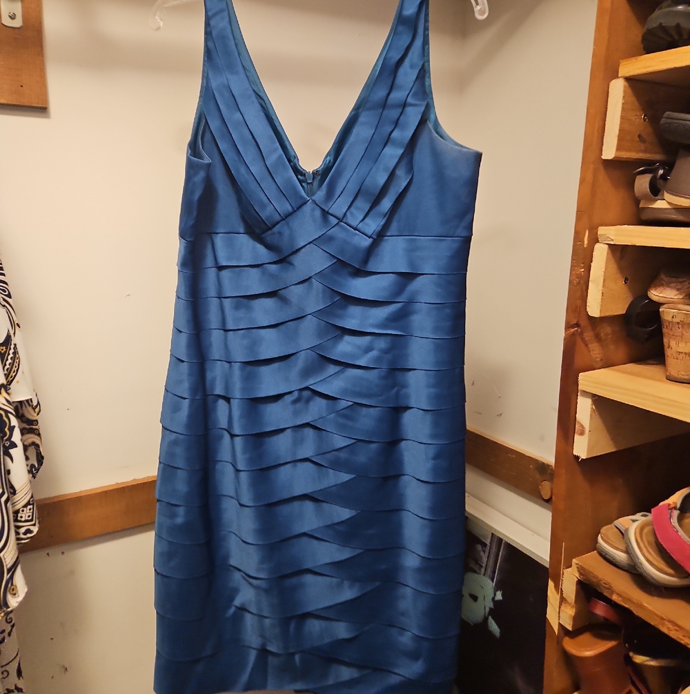 Jones Wear Blue Satin Pleated V-Neck Midi Dress
